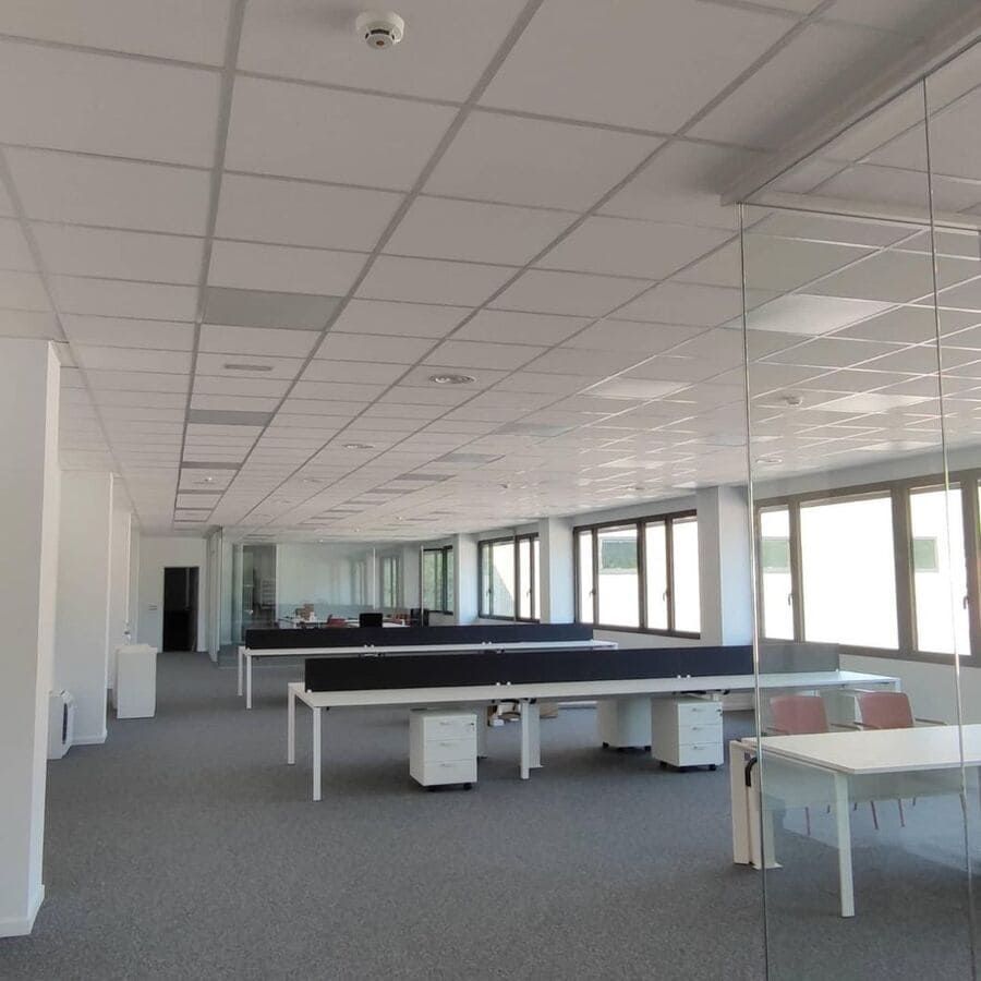 Espacio de oficina vacío con escritorios, sillas, alfombra y luces de techo, grandes ventanas en el lado derecho.