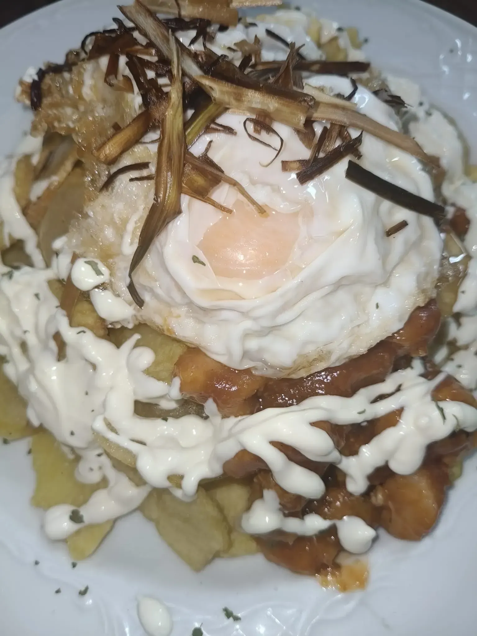 Plato de comida: patatas fritas, pollo, huevo frito y salsa, cubierto con guarnición crujiente y llovizna blanca.