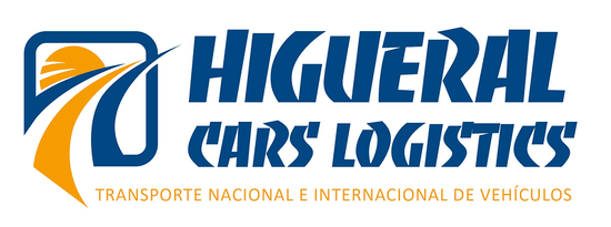 Logotipo de Higeral Cars Logistics: cuadrado azul con sol, carreteras y nombre de la empresa en azul y amarillo, con texto en amarillo debajo.