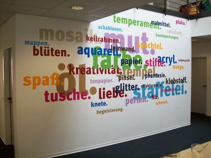 Eine Wand mit vielen Wörtern darauf, darunter Mosaik