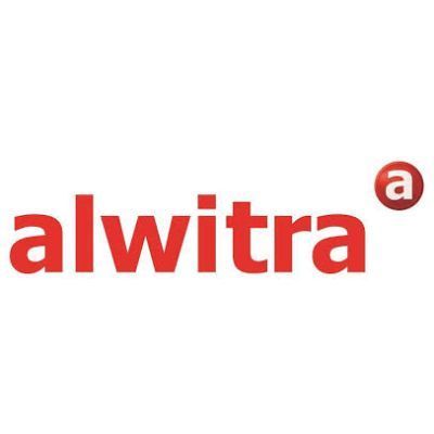 Ein rotes alwitra-Logo auf weißem Hintergrund