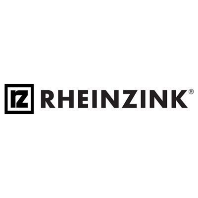 Ein schwarz-weißes Logo für Rheinzink auf weißem Hintergrund.