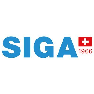 Das Logo von Siga ist blau und weiß mit einer Schweizer Flagge.