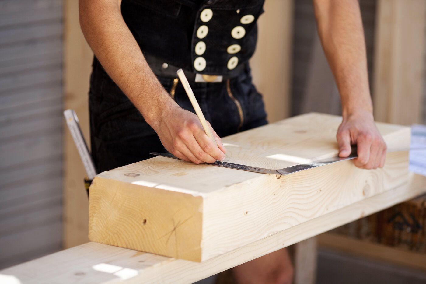 Ein Mann misst ein Stück Holz mit einem Maßband.