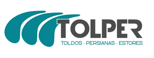 Logotipo de TOLPER en color turquesa y gris con ondas estilizadas y el texto “TOLDOS · PERSIANAS · ESTORES”