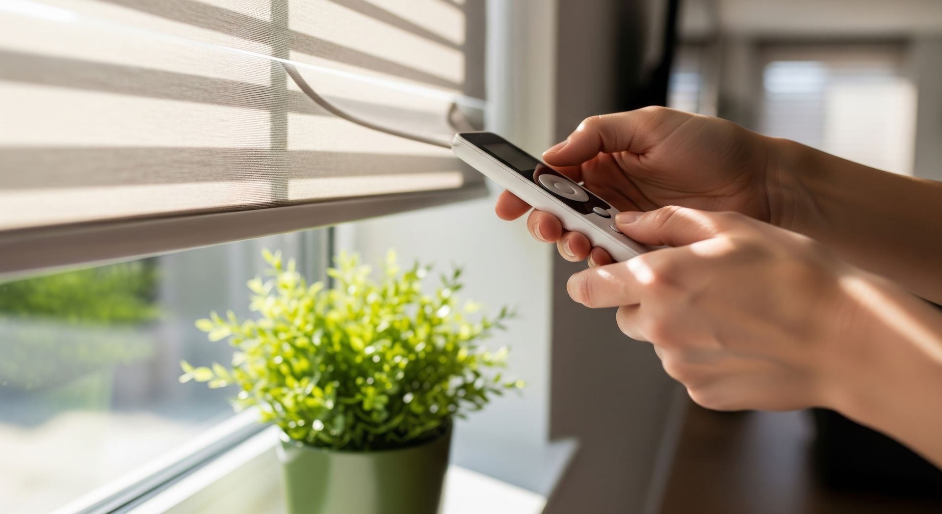 Un store, une télécommande et une plante.
