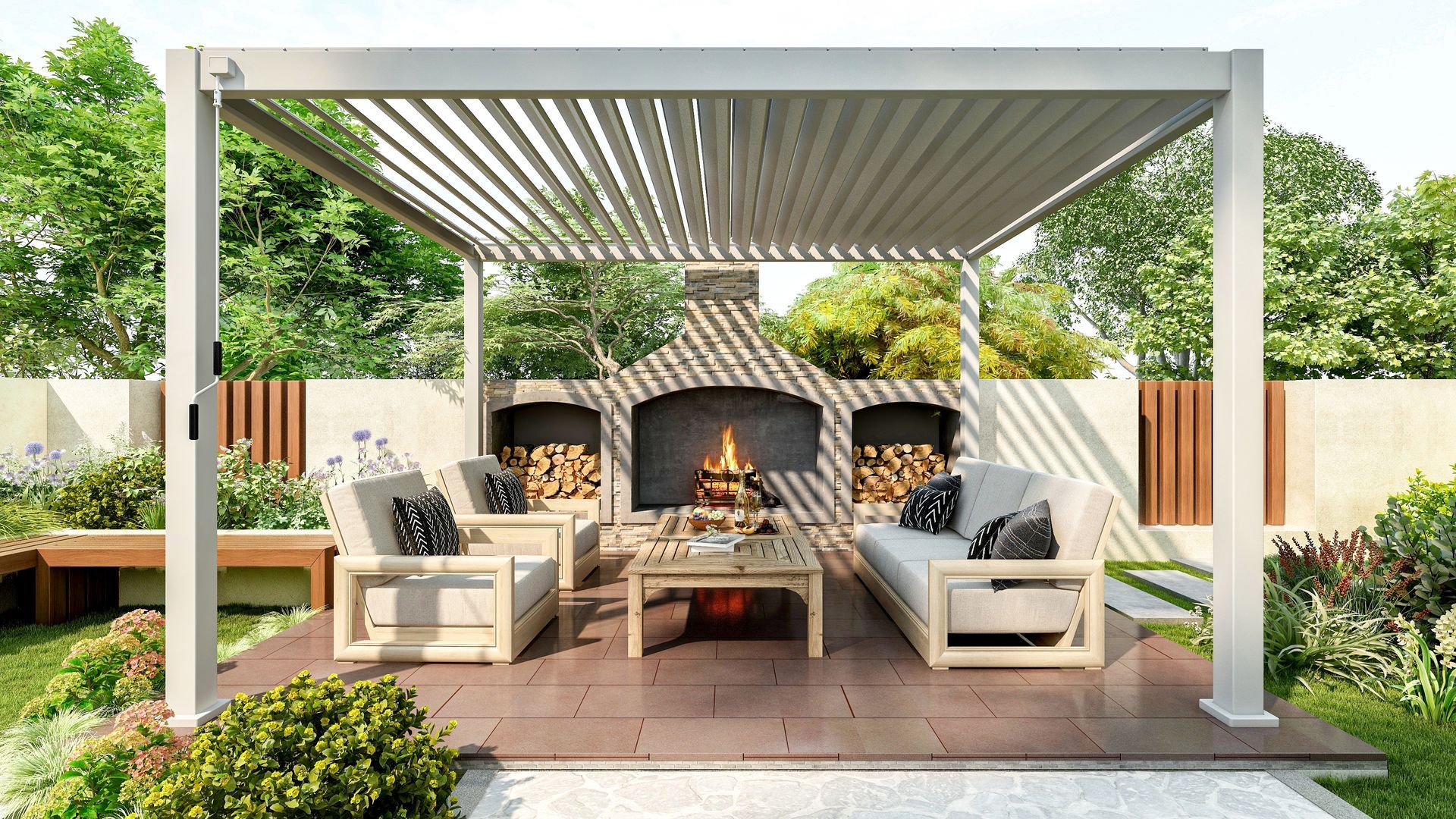 Une pergola blanche et une cheminée.