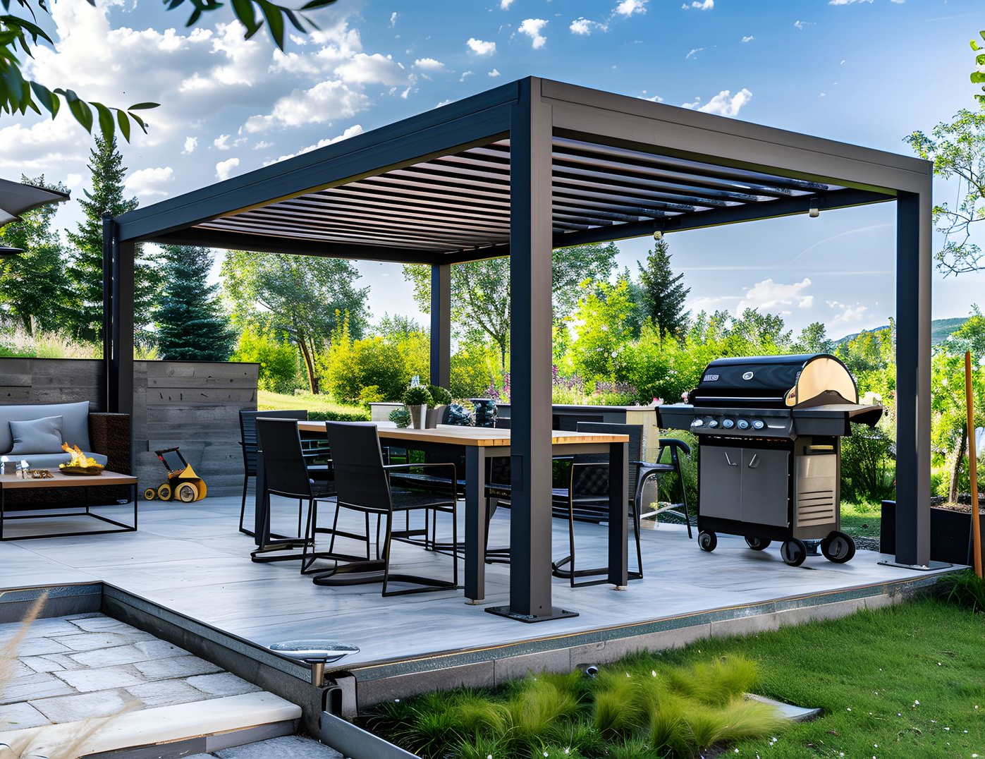 Une pergola noire et un barbecue.