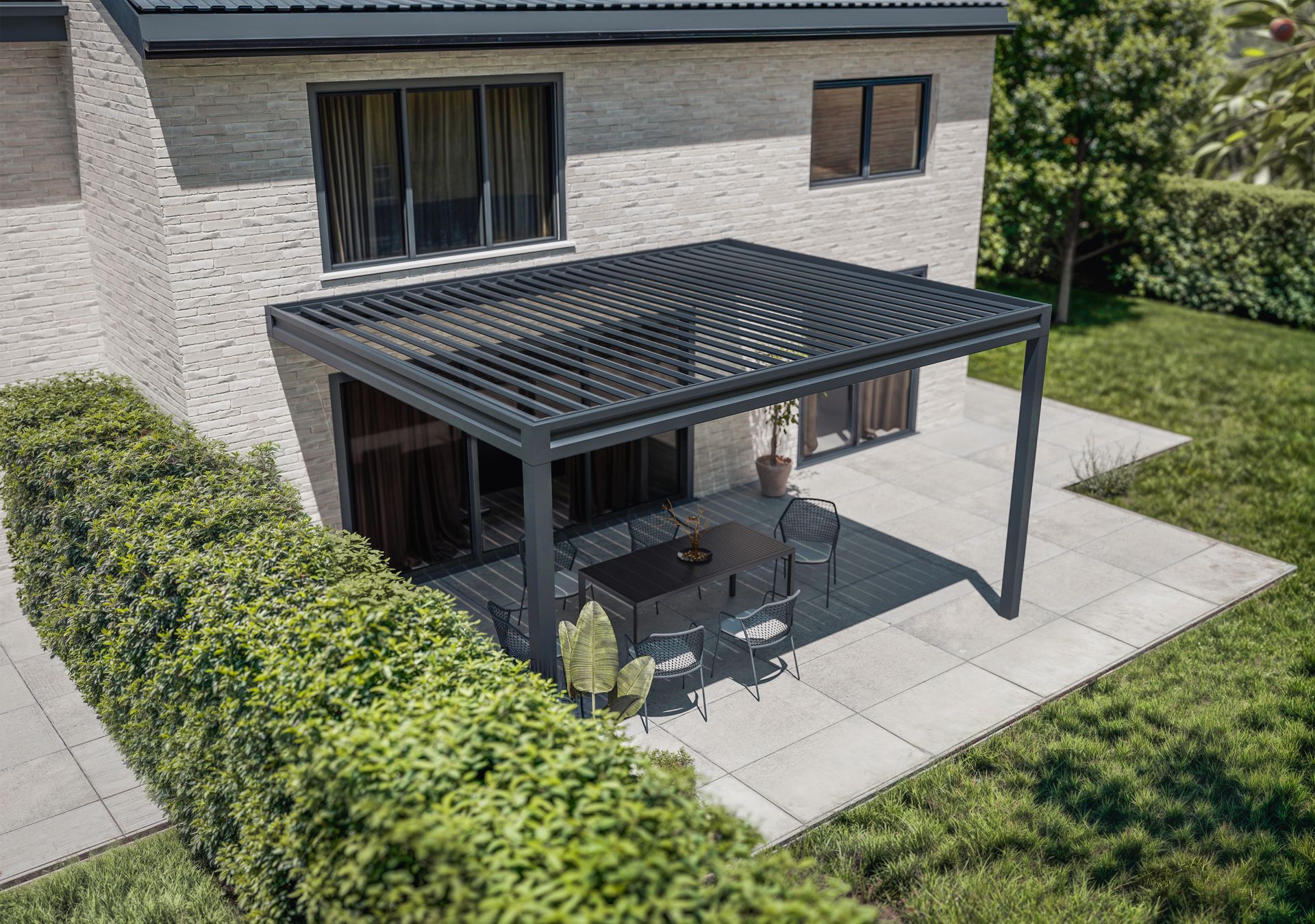 Une pergola au-dessus d'une table extérieure.