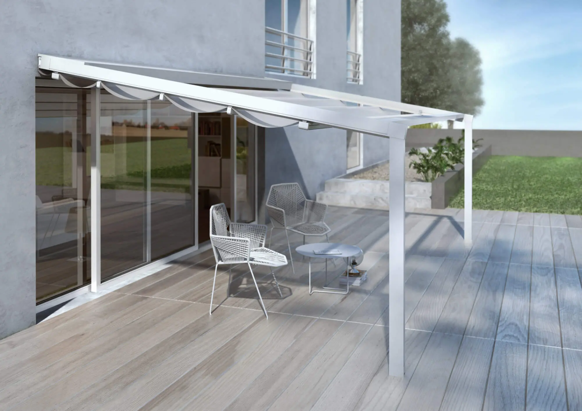 Une pergola inclinée blanche.