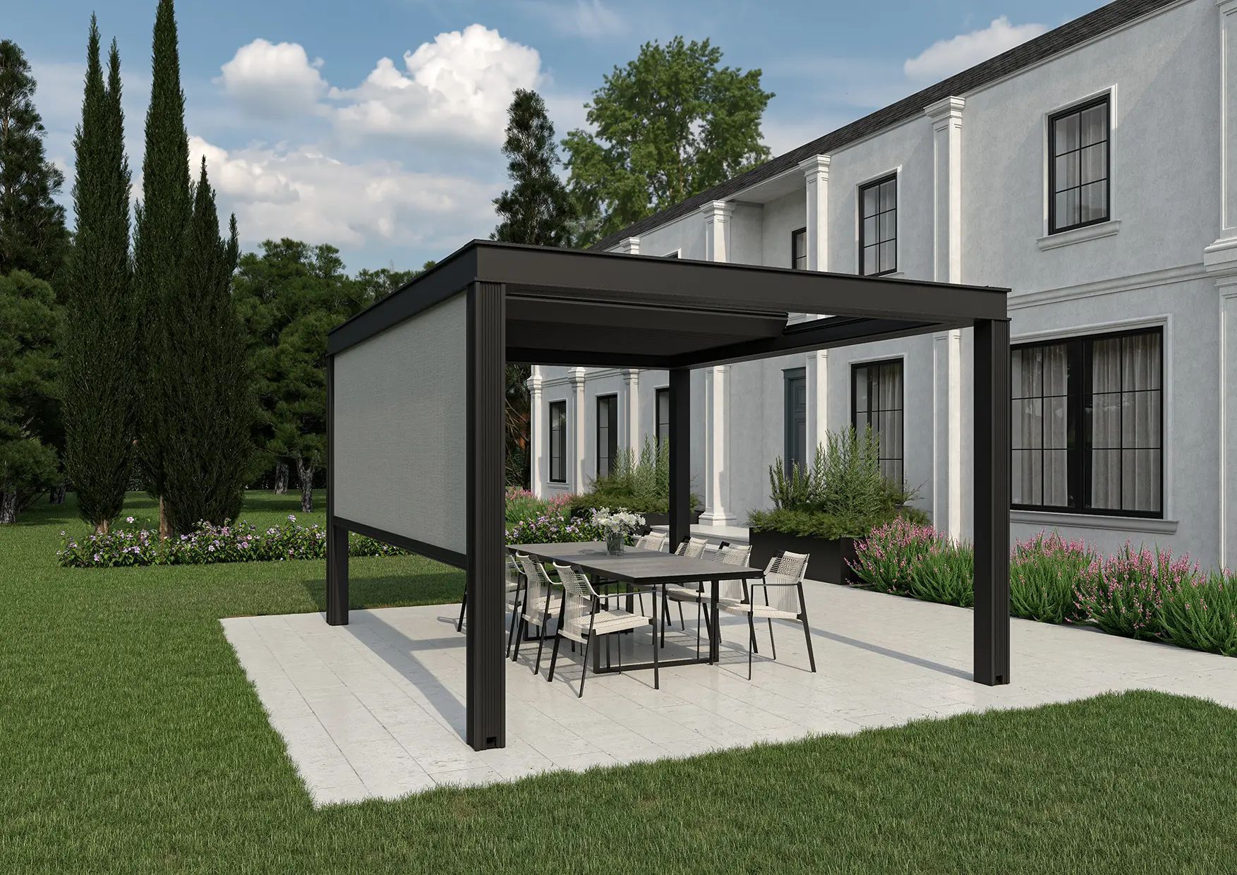 Une pergola noire autoportante.