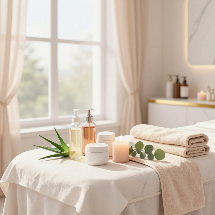 Mesa de spa con velas, loción, toallas y hojas verdes junto a una ventana soleada.