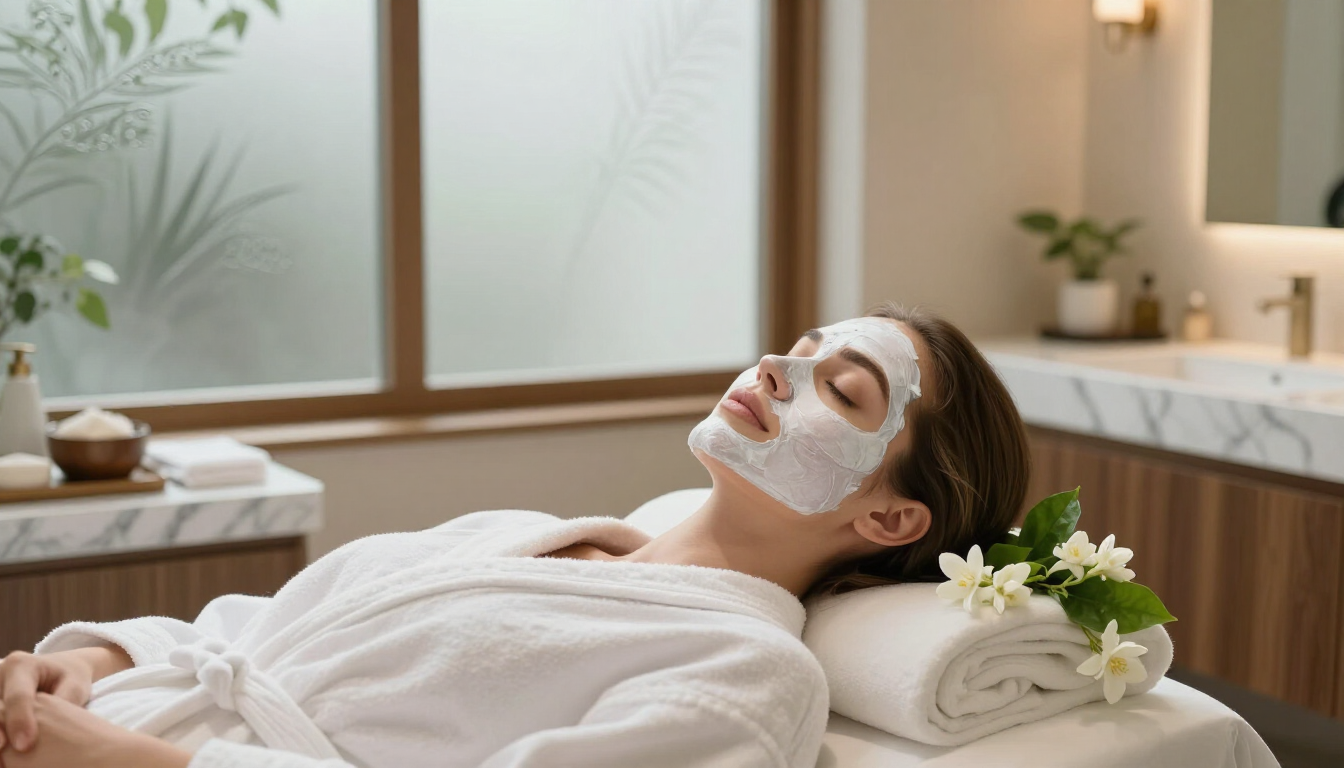 Mujer relajándose en una camilla de spa con una mascarilla facial en una tranquila sala de bienestar.