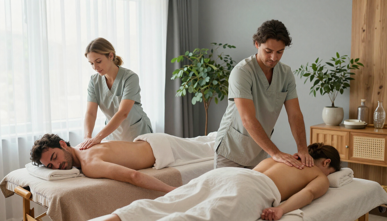 Dos masajistas dando un masaje a una pareja en una luminosa sala de spa.