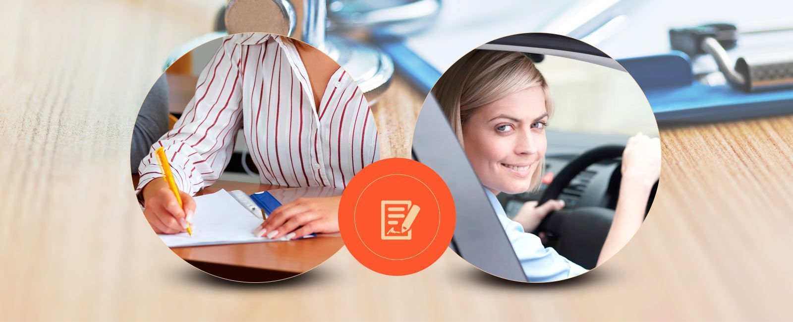 Persona escribiendo y mujer conduciendo