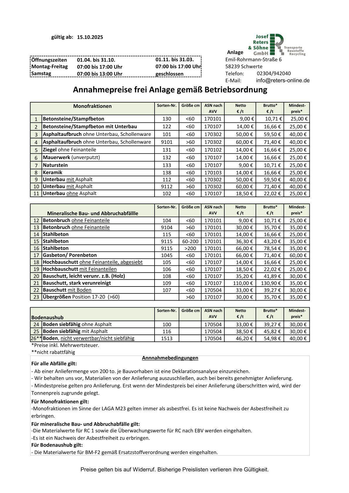 Preisliste ab 01.11.2024