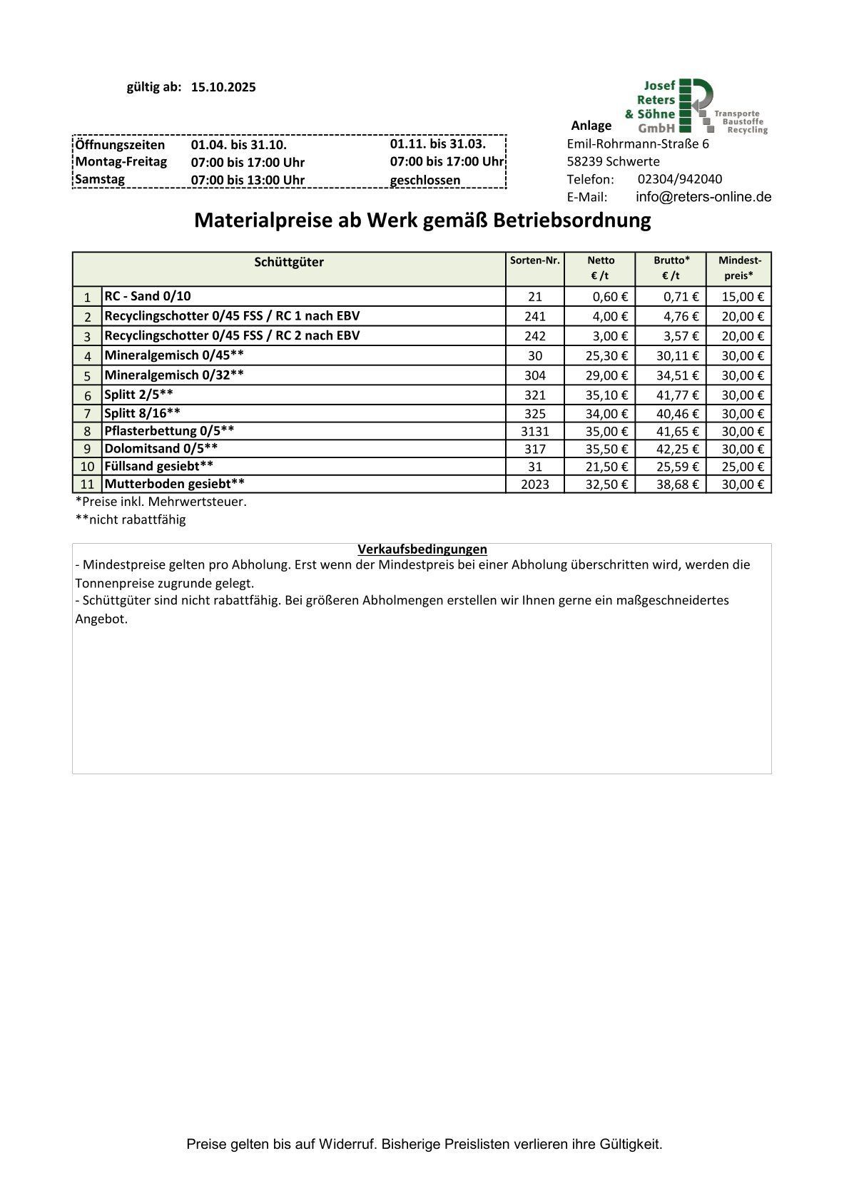 Preisliste ab 01.11.2024