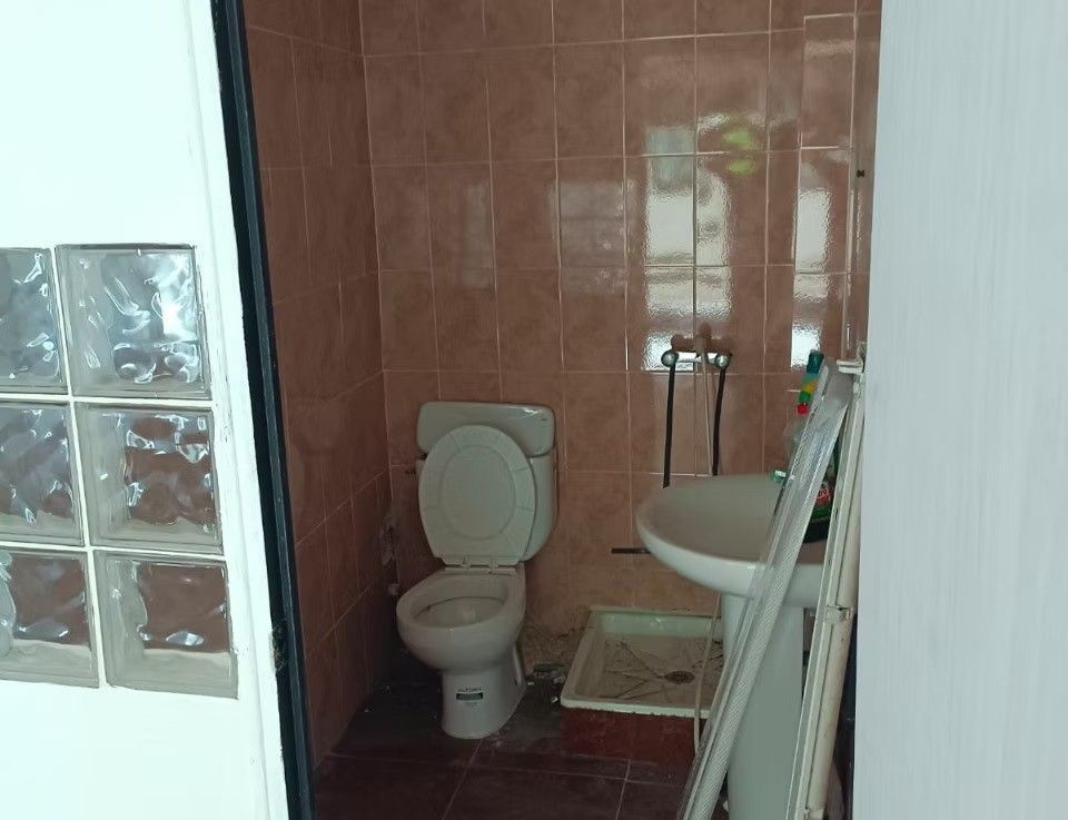 Baño pequeño con azulejos marrones, inodoro, lavabo y escalera plegable junto a la pared.