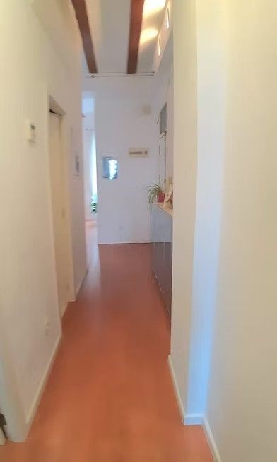 Pasillo estrecho de color blanco con suelo de madera, vigas en el techo y una puerta al final.