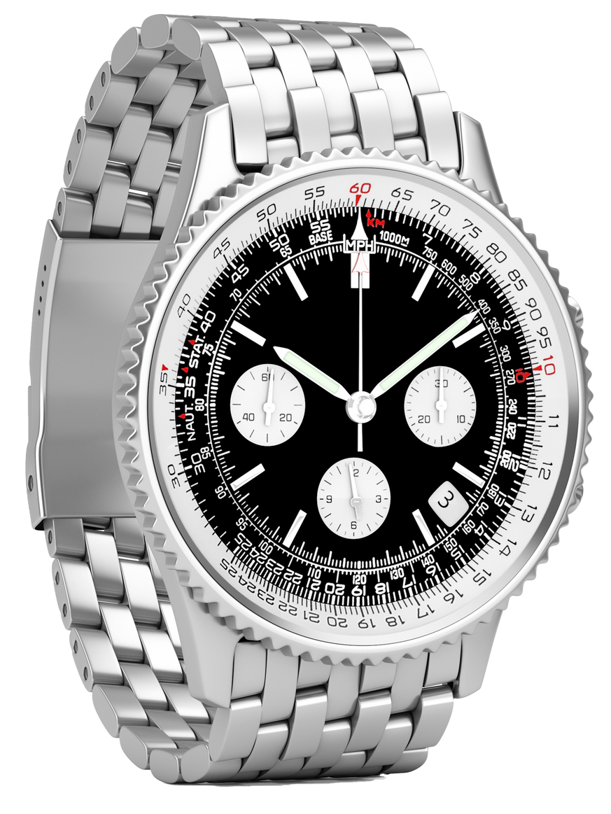 Montre de luxe à fond noir et bracelet argenté