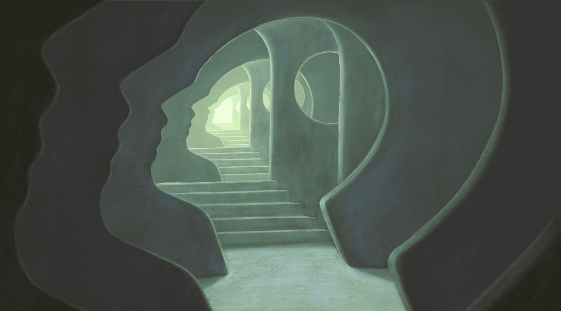 Un tunnel de silhouettes de têtes humaines s'éloignant l'une de l'autre mène à une lumière vive et à un escalier.