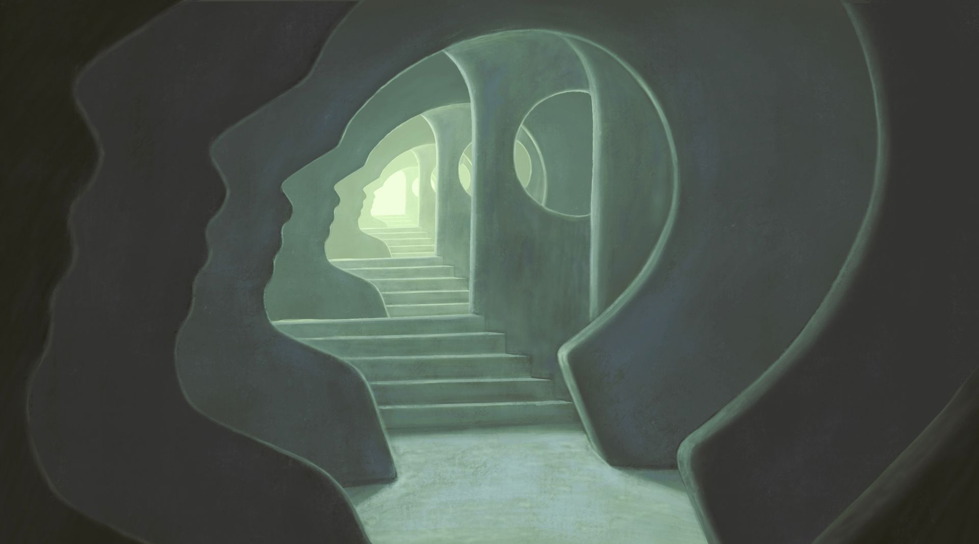 Un tunnel de silhouettes de têtes humaines s'éloignant l'une de l'autre mène à une lumière vive et à un escalier.