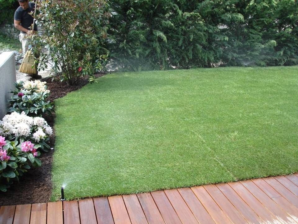 Pelouse arrière soignée, bordée de fleurs et de verdure, avec une terrasse en bois au premier plan.