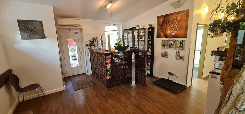 Ein Wartezimmer mit Holzboden und Holztresen.