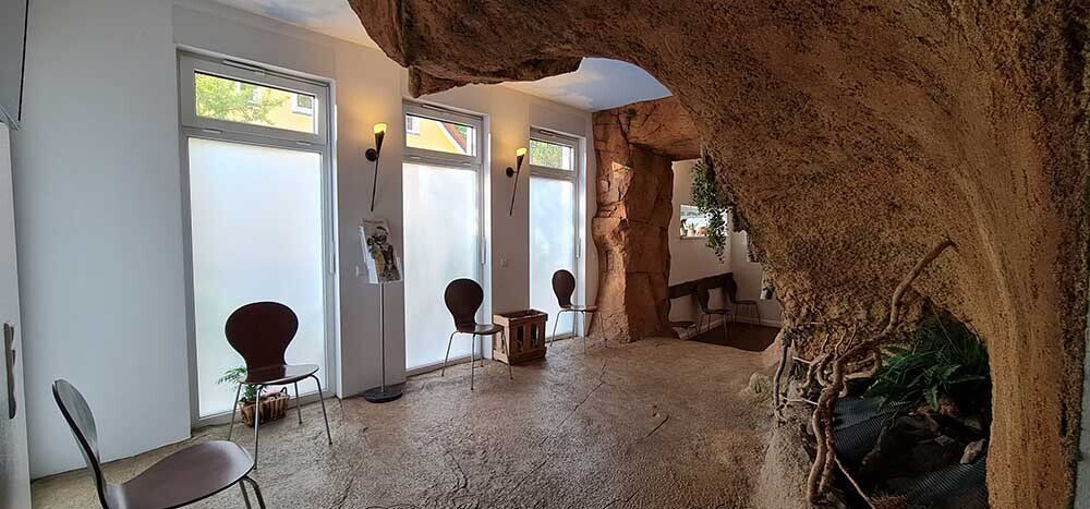 Ein Wartezimmer mit einem großen Felsen in der Mitte.