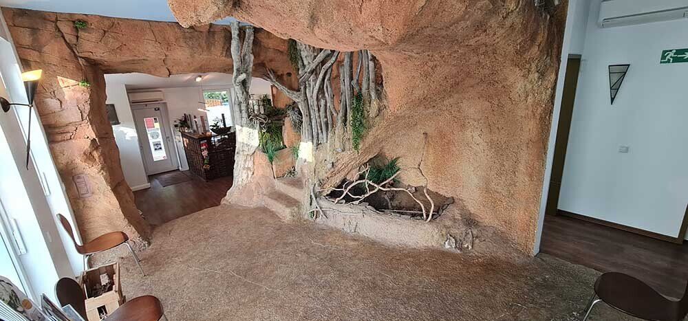 Ein Raum mit einer Felswand und einem Wasserfall darin.