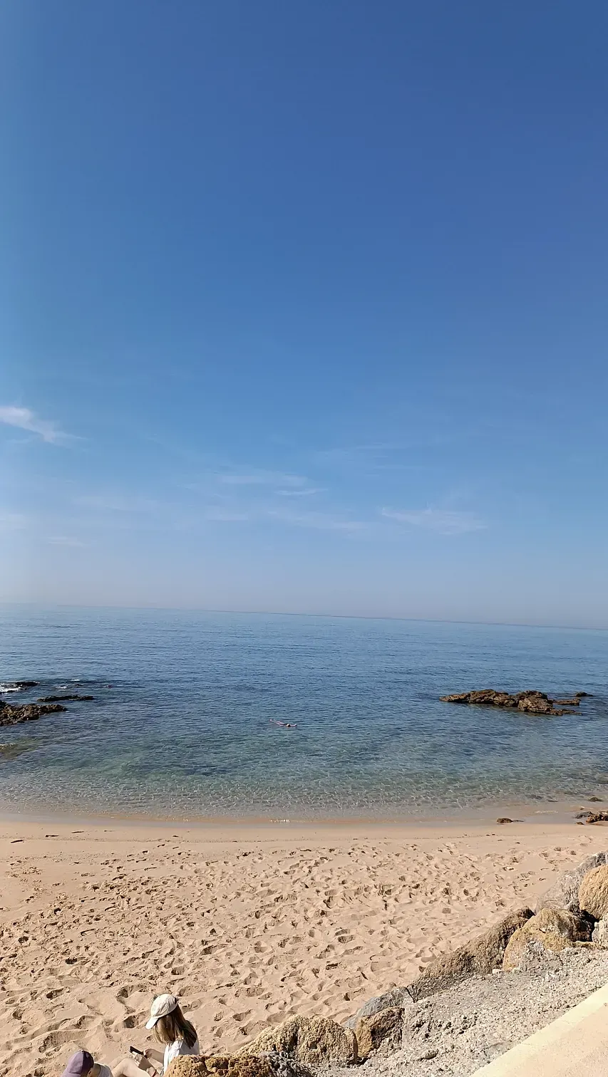 Una playa con un cielo azul y un cuerpo de agua al fondo.
