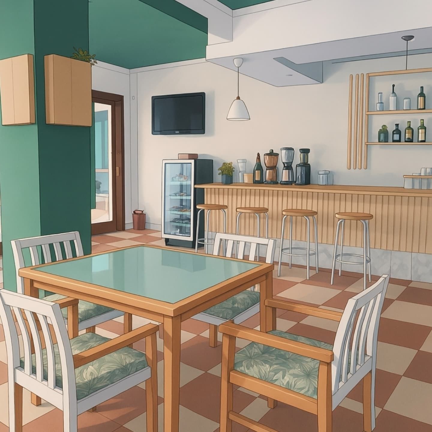 Interior de cafetería: mesas, sillas, barra con taburetes, nevera, cafetera. Muebles de madera en tonos verde y beige.