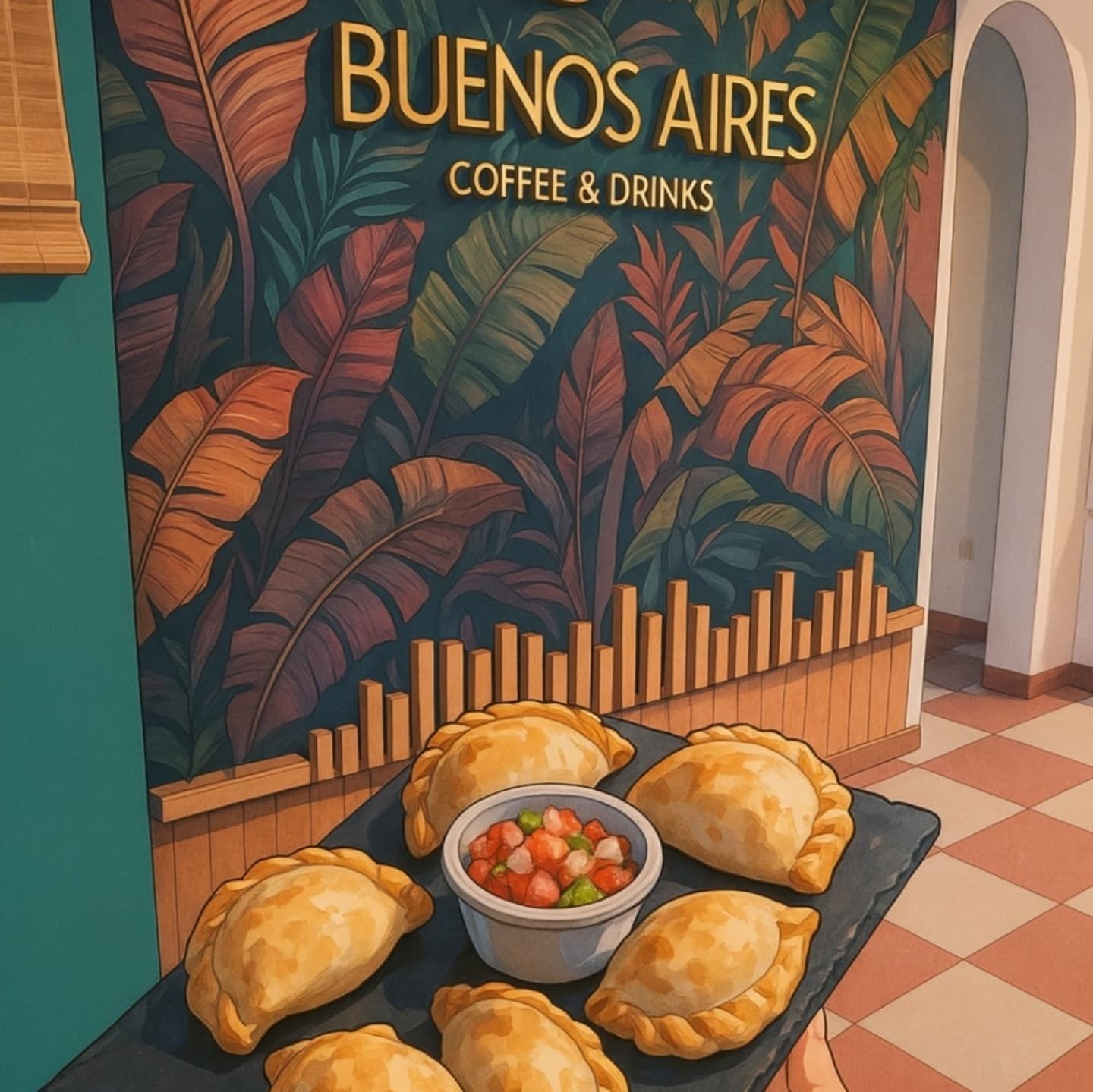 Empanadas en plato negro con salsa frente al cartel de un café de Buenos Aires y un mural de hojas de colores.