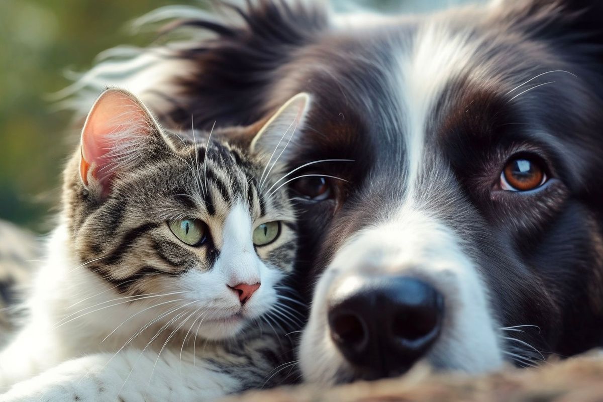 Eine Katze und ein Hund liegen nebeneinander und schauen in die Kamera.