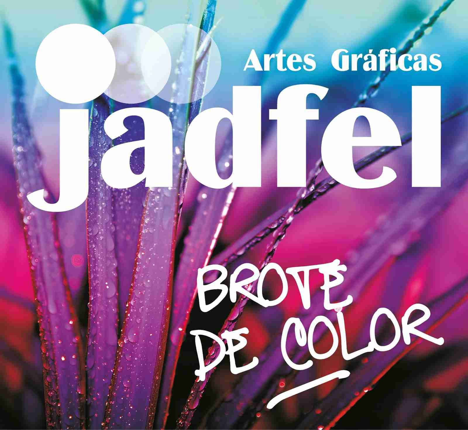 Logo with "jadfel" text, "Artes Gráficas", and "BROTE DE COLOR" over a vibrant, purple plant.