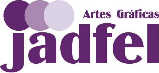 Logotipo para "Artes Gráficas jadfel": texto morado y círculos superpuestos, texto en la parte superior derecha.