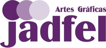 Logotipo para "Artes Gráficas jadfel": texto morado y círculos superpuestos, texto en la parte superior derecha.
