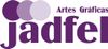 Logotipo para "Artes Gráficas jadfel": texto morado y círculos superpuestos, texto en la parte superior derecha.