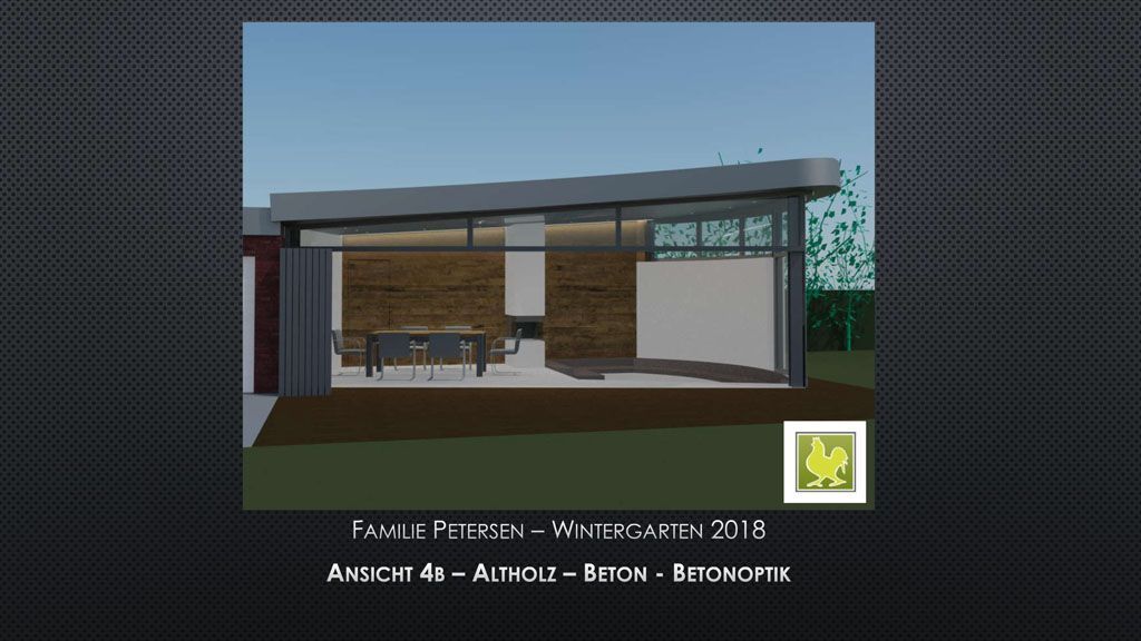 Ein computergeneriertes Bild eines Hauses mit einem Tisch und Stühlen