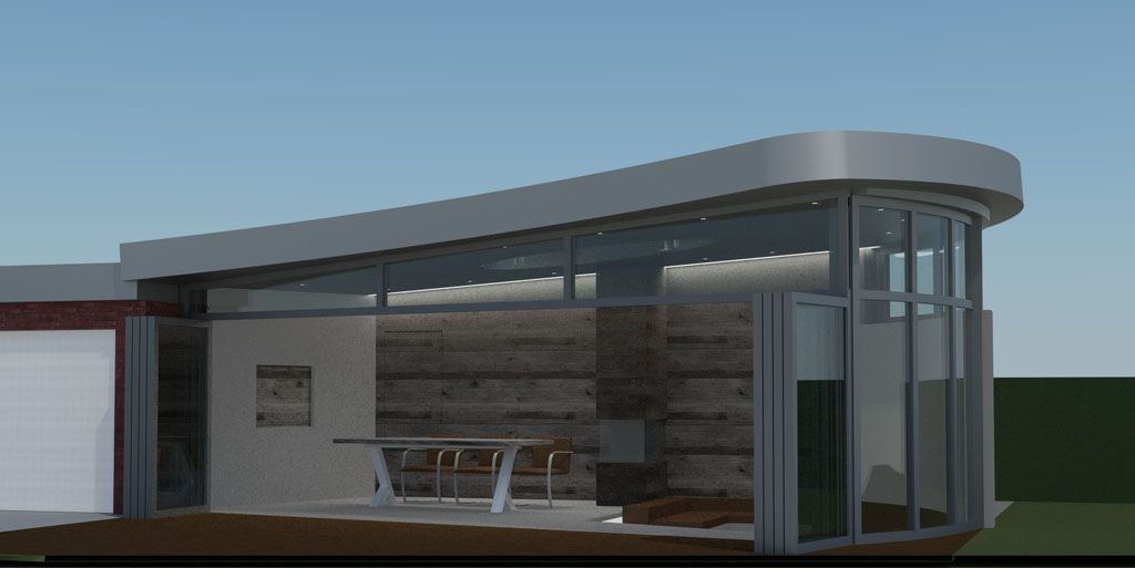 Ein computergeneriertes Bild eines Hauses mit einem Tisch und Stühlen