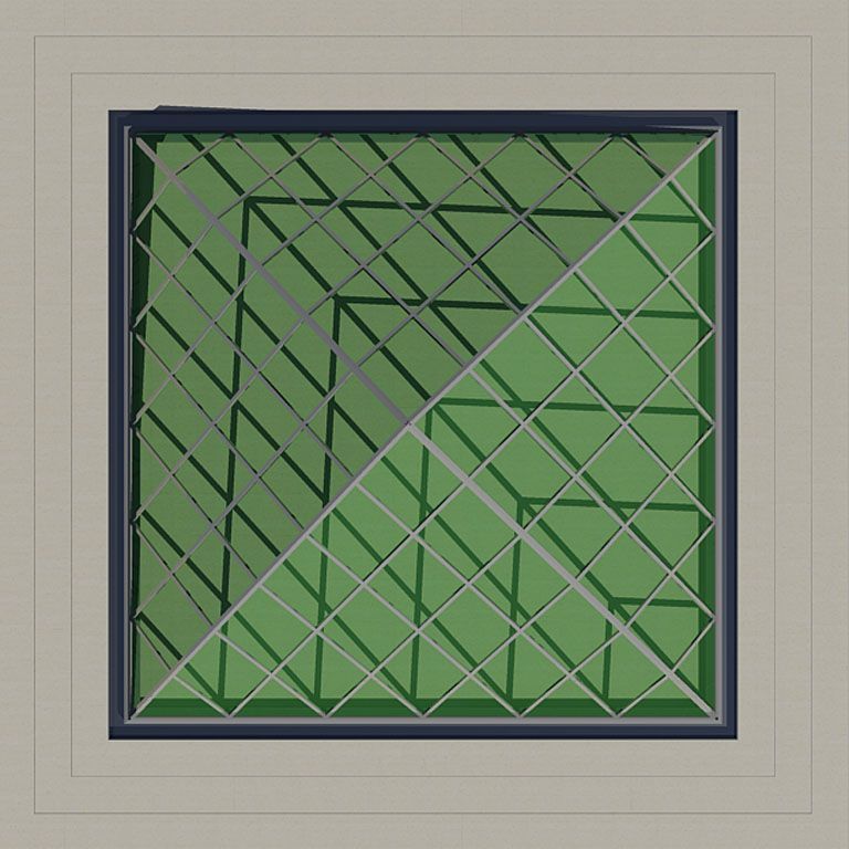 Ein quadratisches Fenster mit einem geometrischen Muster darauf