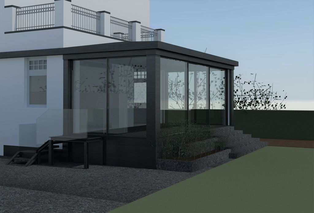 Eine künstlerische Darstellung eines Hauses mit einer großen Glasveranda