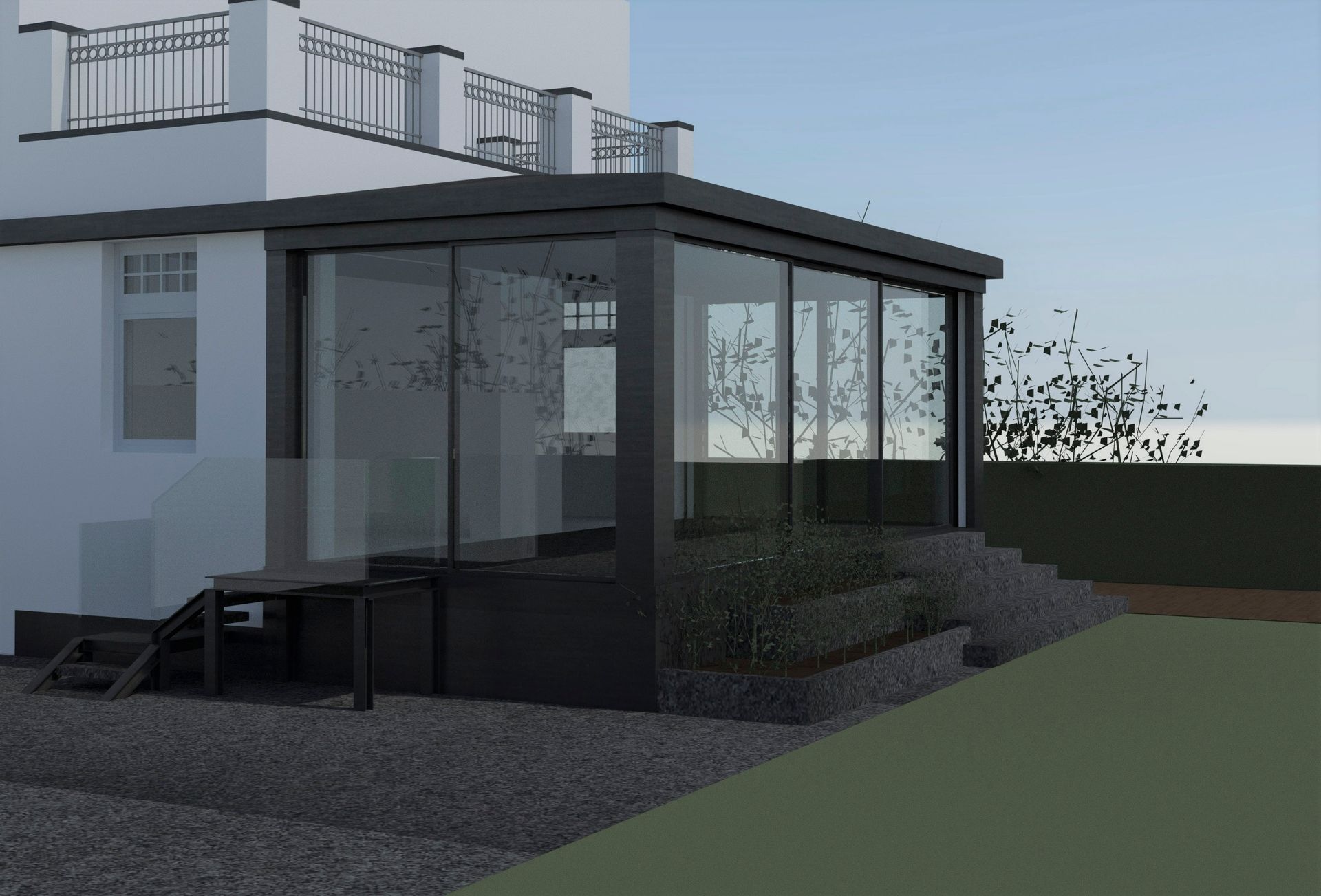 Eine künstlerische Darstellung eines Hauses mit einer großen Glasveranda