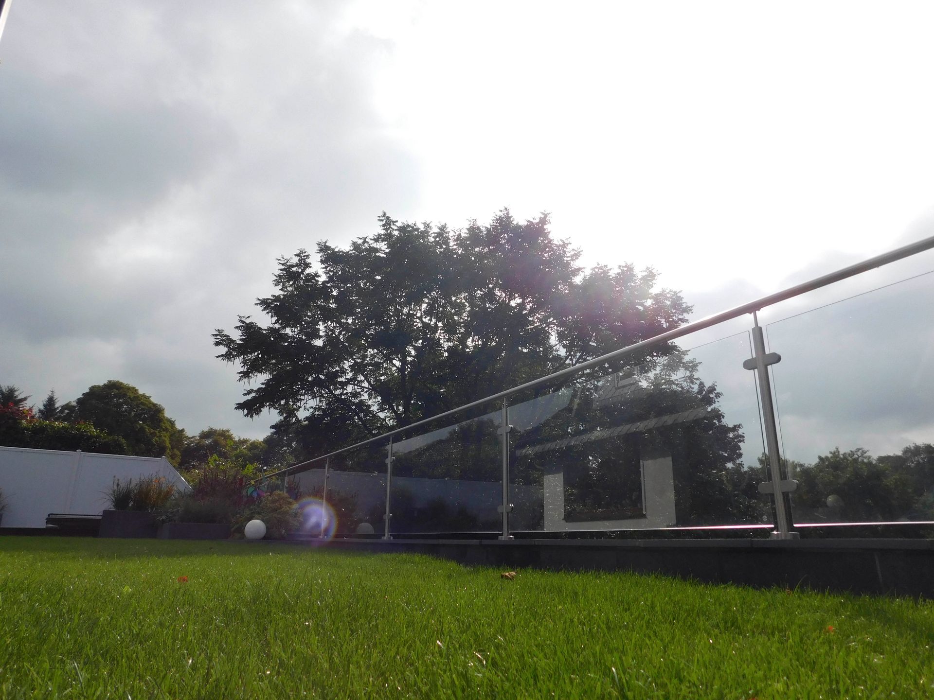 Eine Wiese mit einem Glasgeländer und einem Baum im Hintergrund