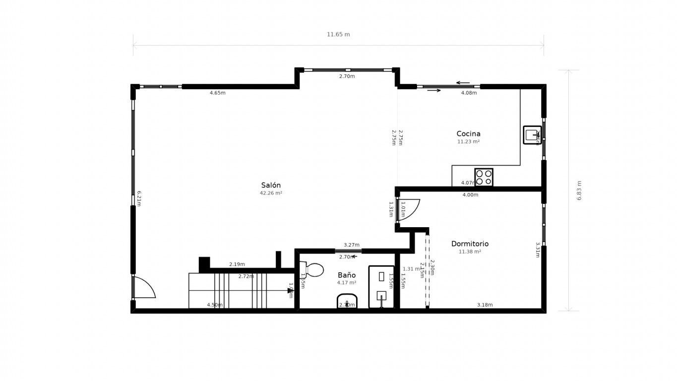 Plano de planta de un edificio con varias estancias, incluido un dormitorio, un baño, una cocina y una sala de estar.