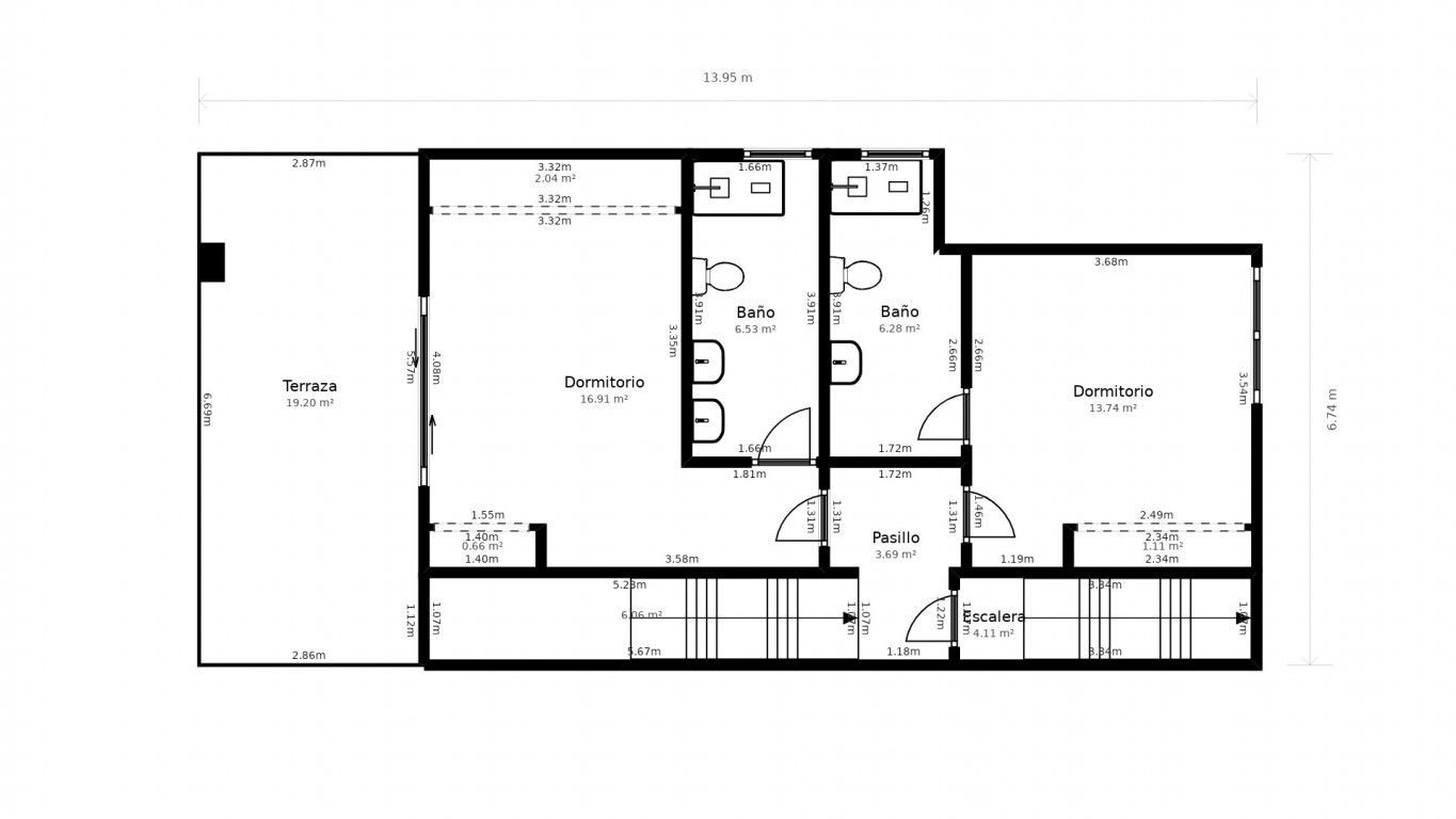 Plano de una casa, detallando las habitaciones: sala, comedor, baño, dormitorio y cocina.