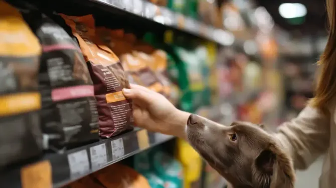 Un perro huele una bolsa de comida en la tienda mientras alguien la coge. Estantes llenos de comida para mascotas.