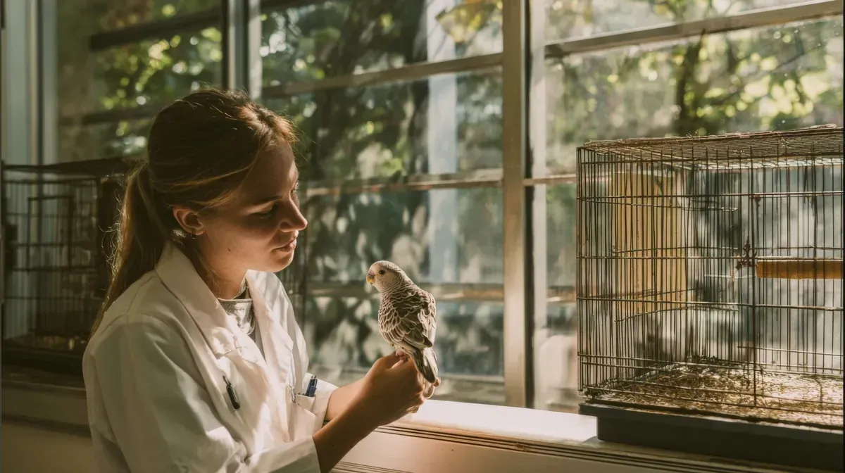 Una persona con bata de laboratorio examina un pájaro junto a una ventana, cerca de una jaula.