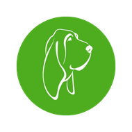 Contorno blanco de la cabeza de un perro sobre un c&iacute;rculo verde.