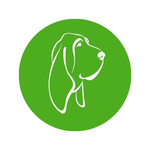 Contorno blanco de la cabeza de un perro sobre un c&iacute;rculo verde.